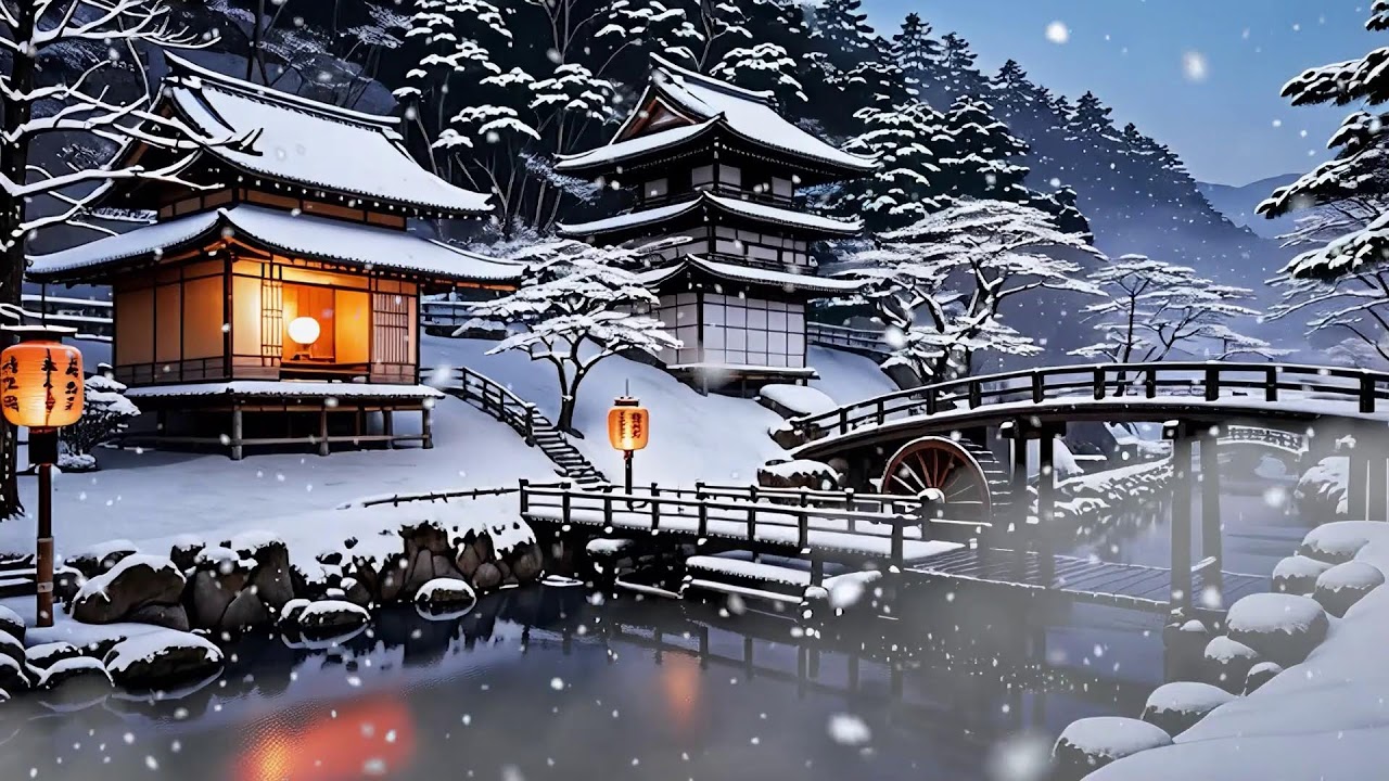 12h Ambient Zen | Music and Water Sounds for Sleep and Relaxation🌙 | 冬の水車瞑想音楽 | Thiền Mùa Đông Vol33