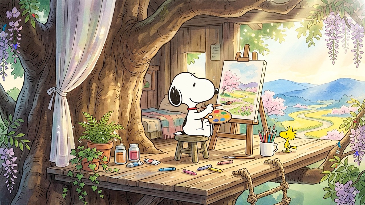 Snoopy’s Cozy Treehouse Art Studio 🎨 Spring Lofi Beats for Study & Relax