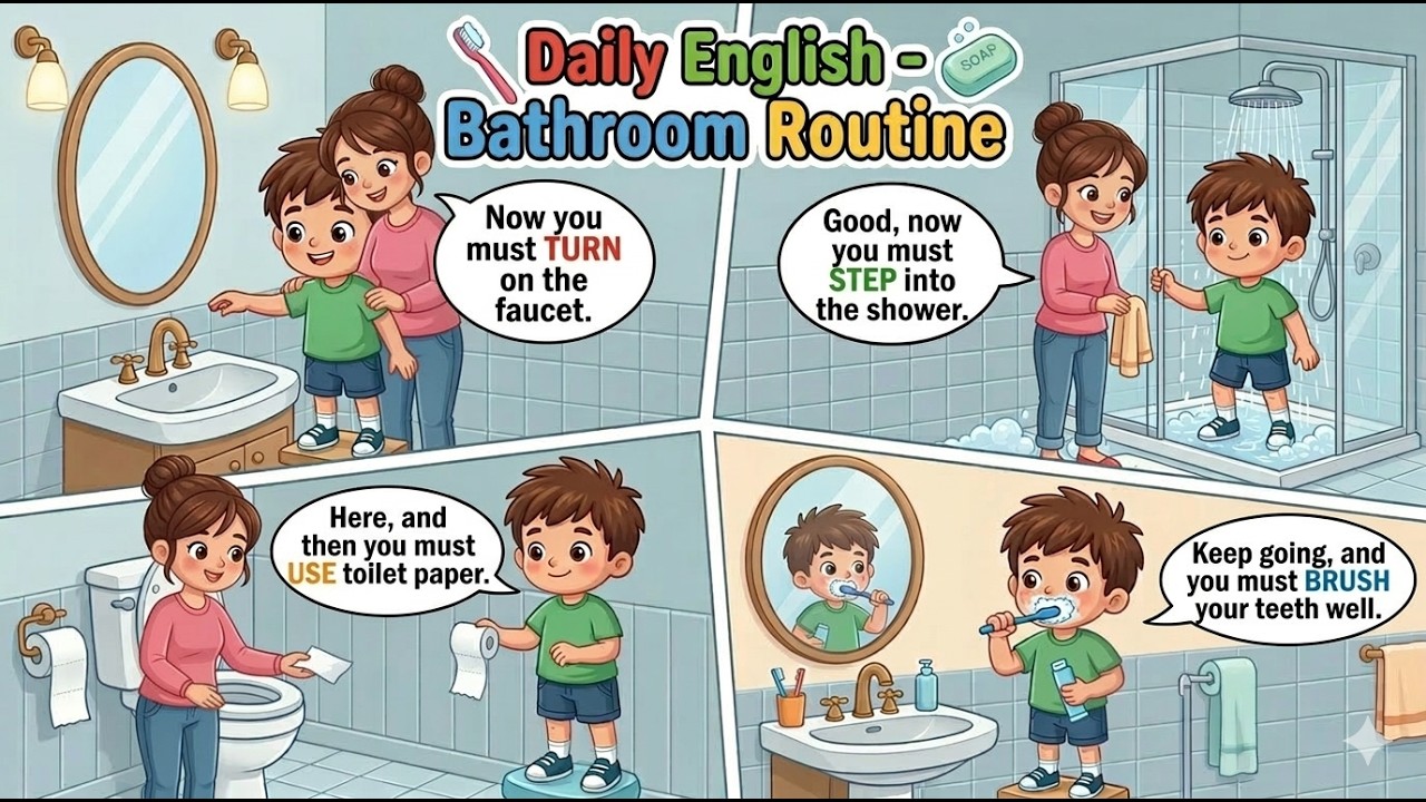 Learn Bathroom Routine in English | Kids Daily Routine  ESL for Kids |  Daily Routine for Kids