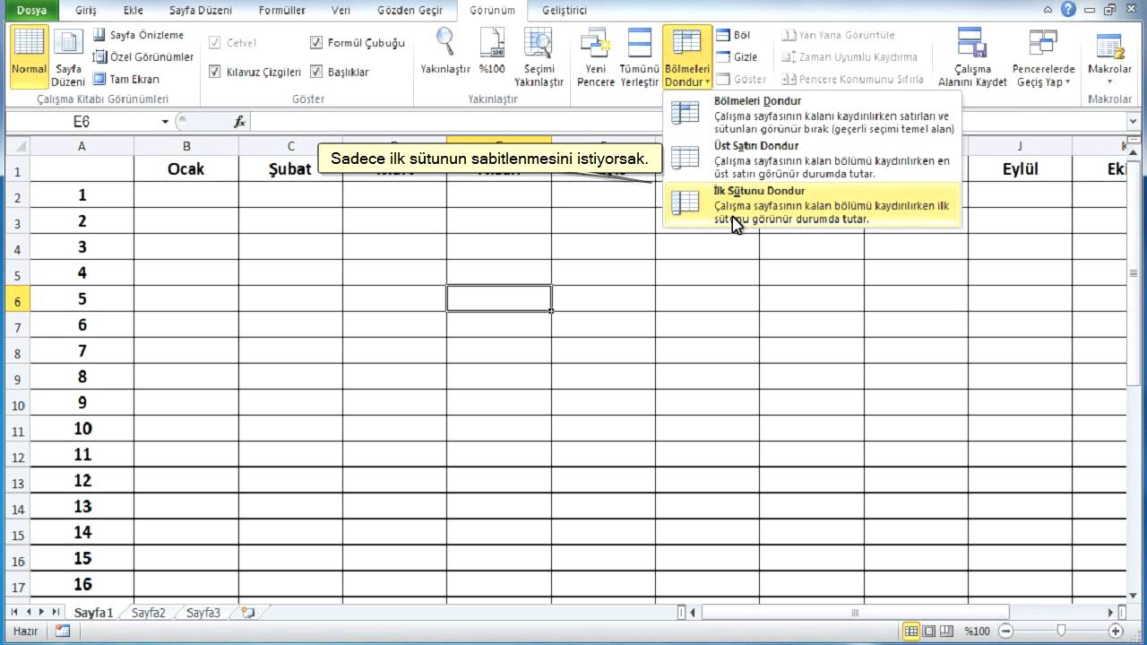 Excel - Satır ve sütun sabitleme, dondurma