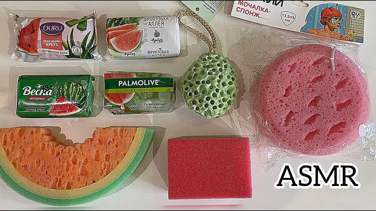 ASMR Watermelon soap🍉🧼 and lots of sponges 🧽.