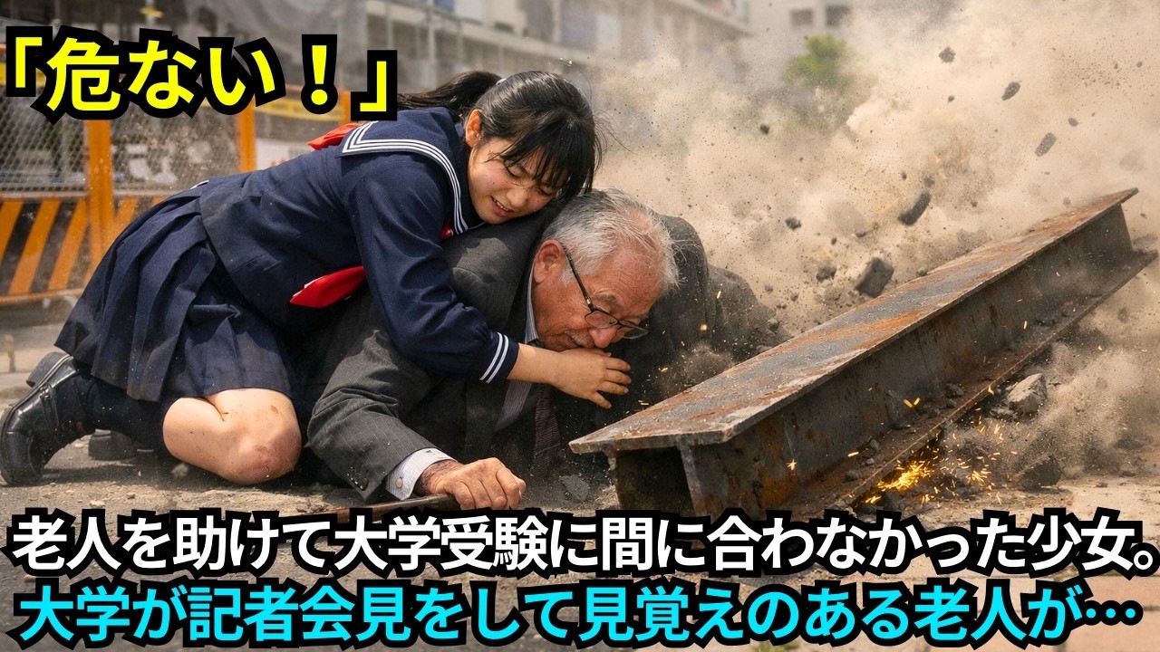 建設現場の落下物から間一髪で老人を助けた女子高生。しかし人命救助を優先して大学受験に間に合わなかった。3日後テレビをつけると大学が記者会見を開いていて・・・