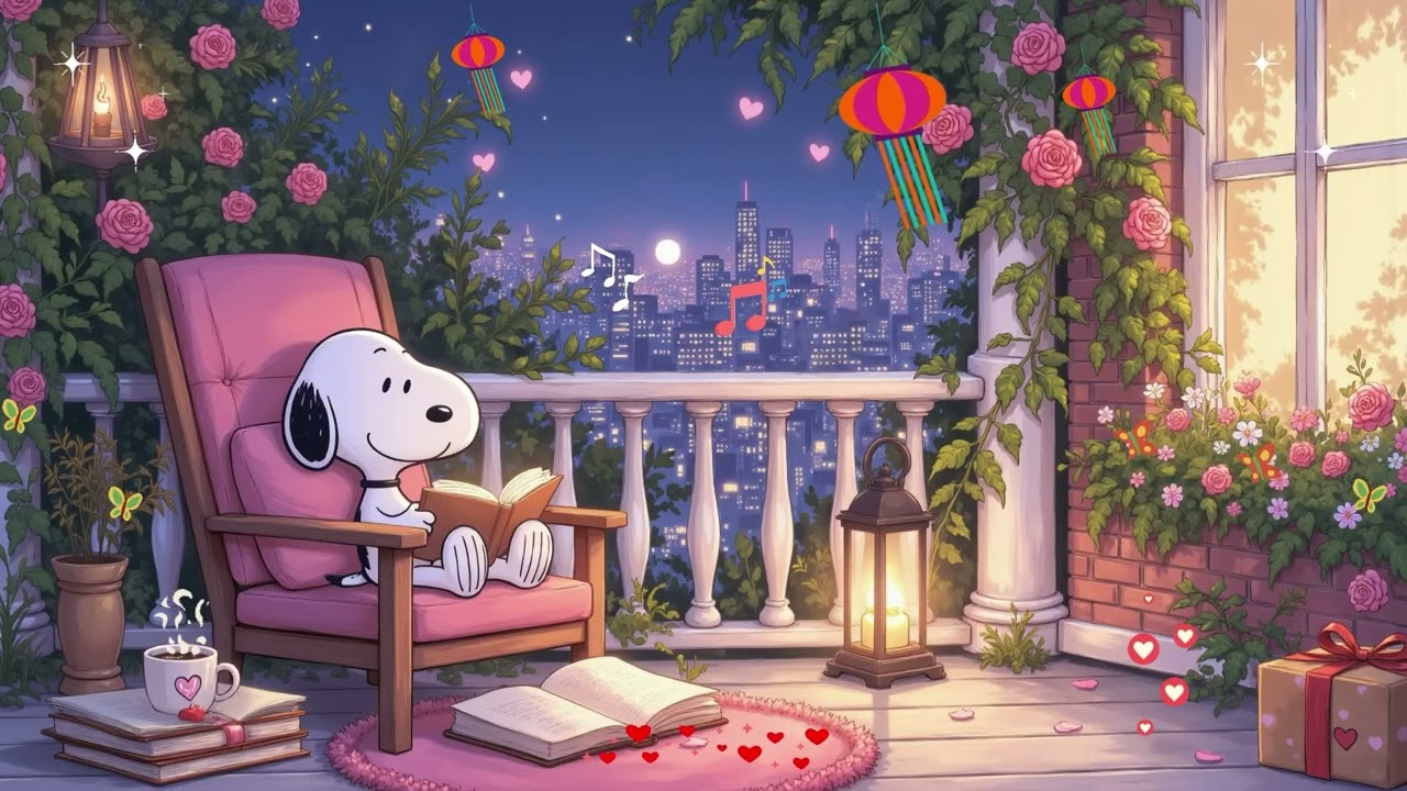 Snoopy’s Spring Night Balcony Cafe 🌙| Relaxing Jazz Music for Studying, Working & Focus