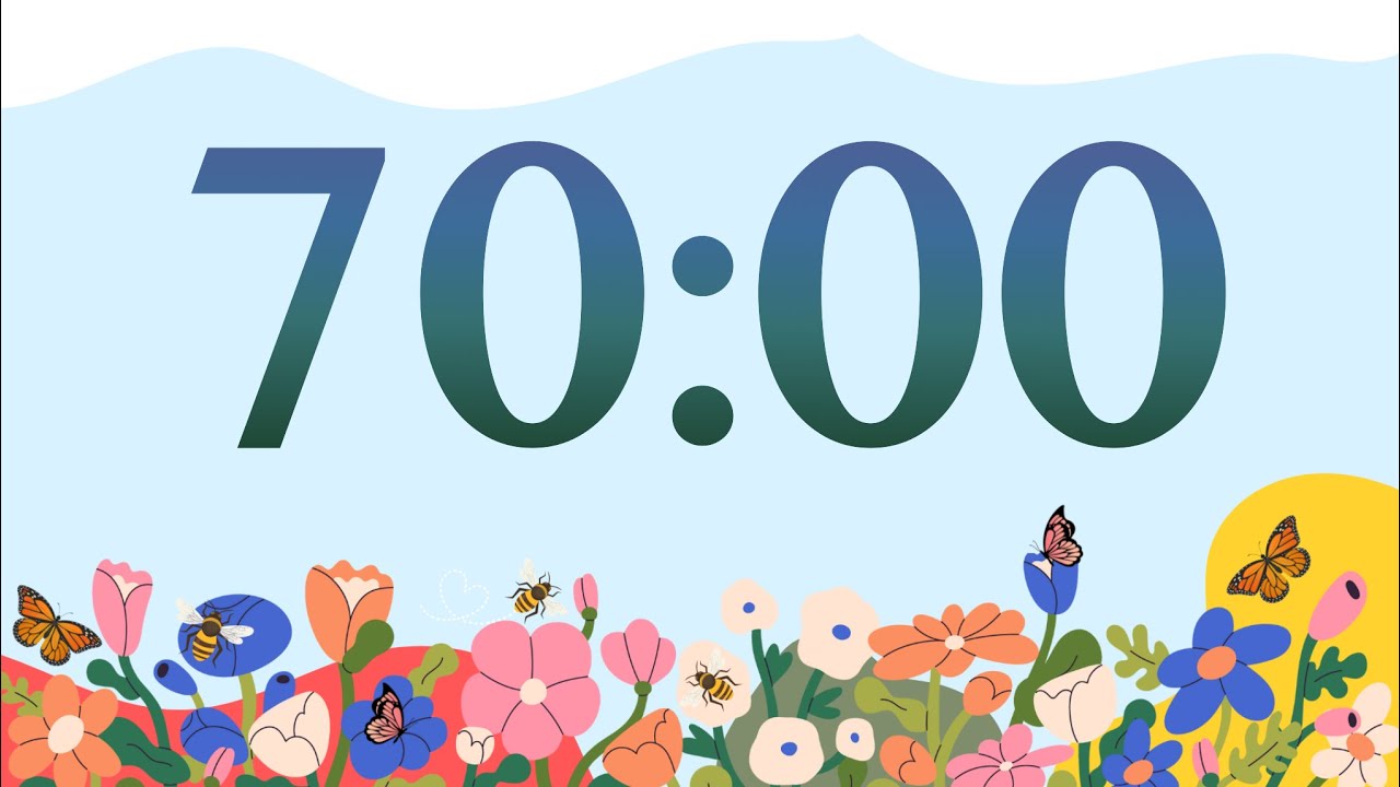 70 Minute Cute Spring Bees and Flowers Classroom Timer (No Music, Piano Alarm at End)