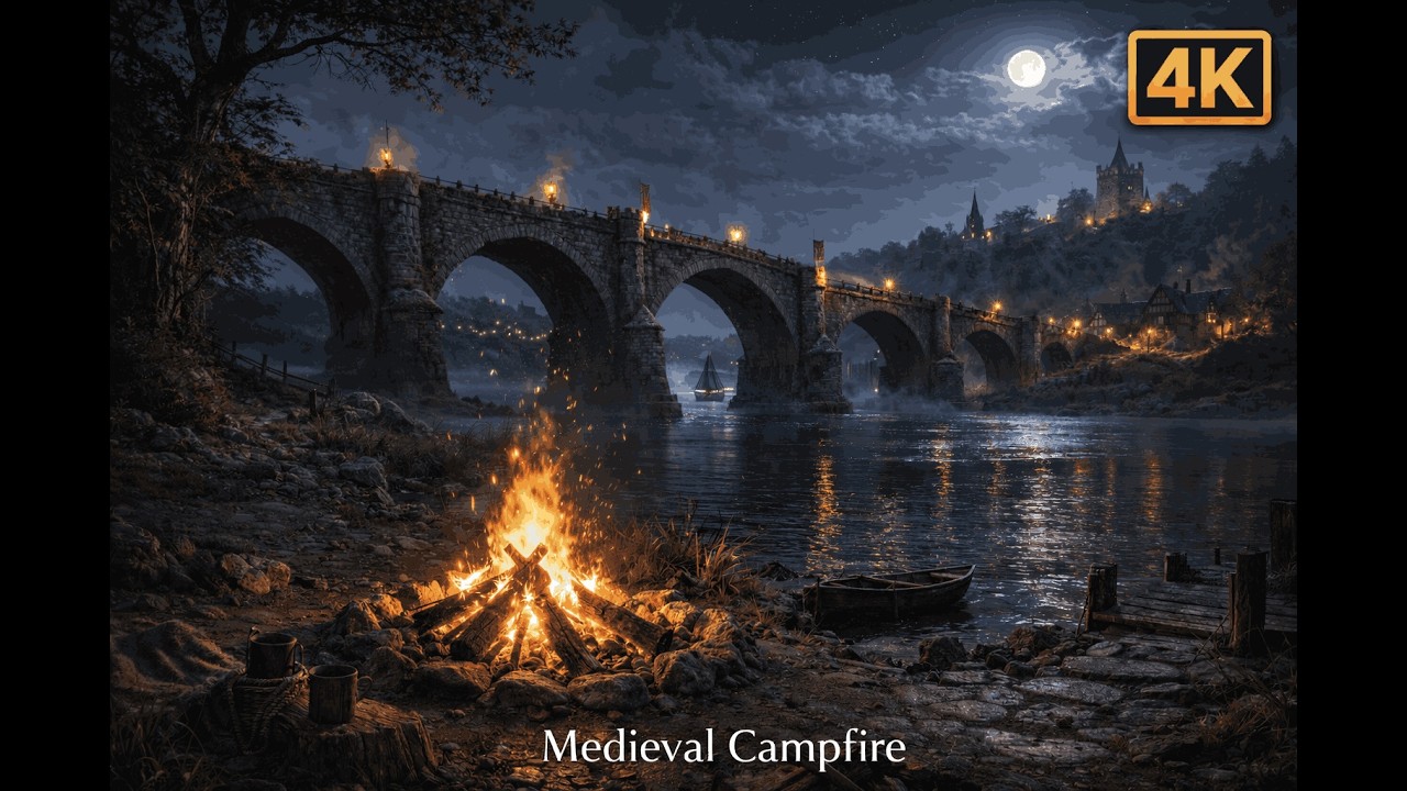Medieval Riverside Campfire 🔥 Relaxing Fire Sounds by the Stone Bridge (4K Night Ambience)