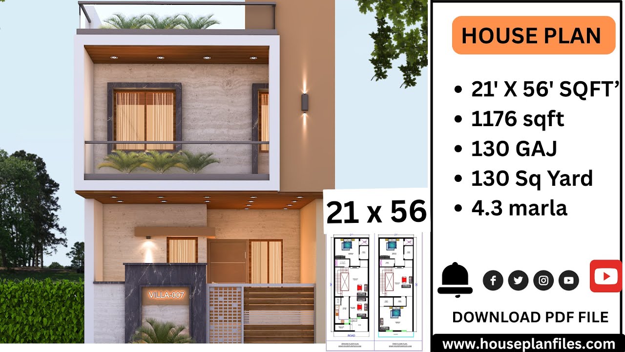 21x56 House Plan Drawing | 4BHK 1176 Sqft (4 Marla) Home Design #houseplanfiles