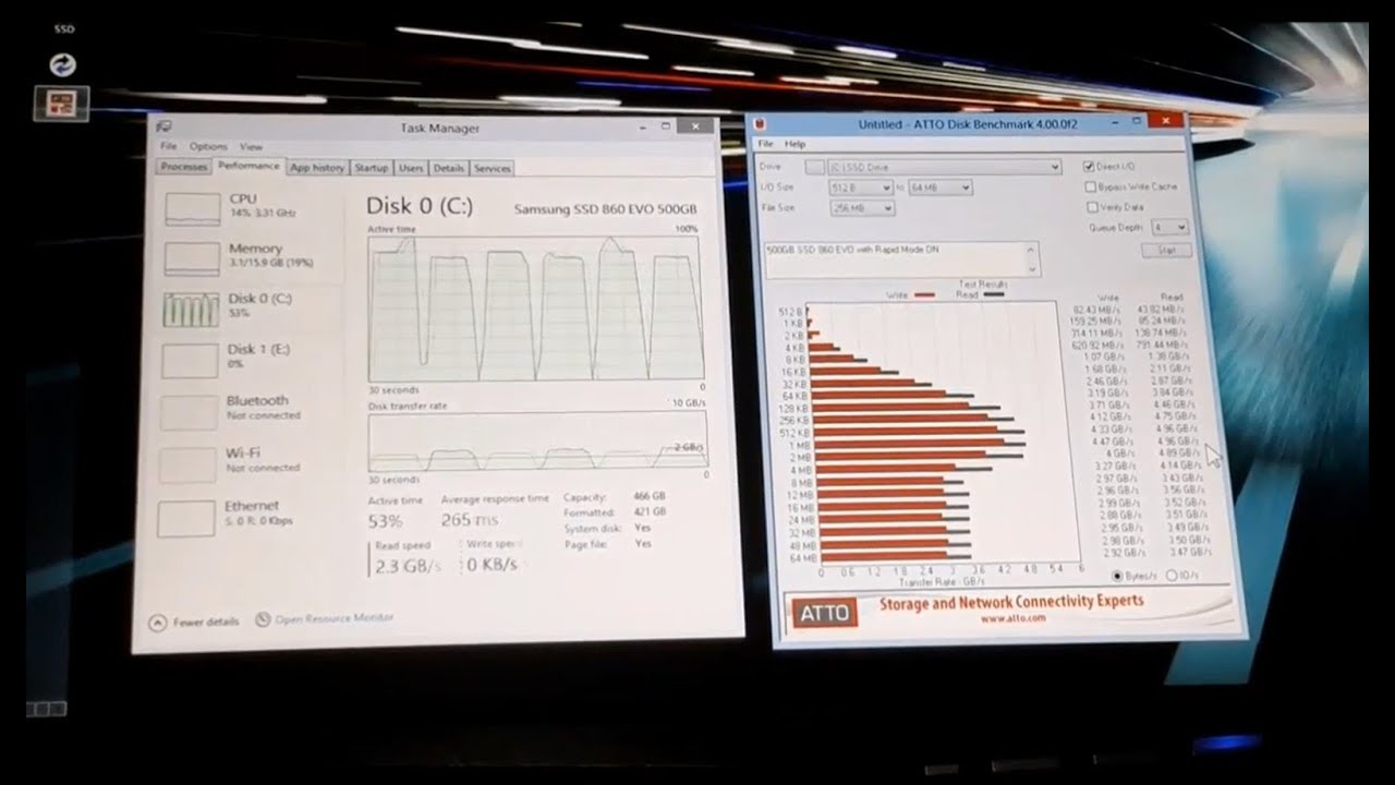 Atto Disk Benchmark tests of my Samsung 860 EVO 500GB SSD & 750GB HDD factory inst. in my i7 laptop.