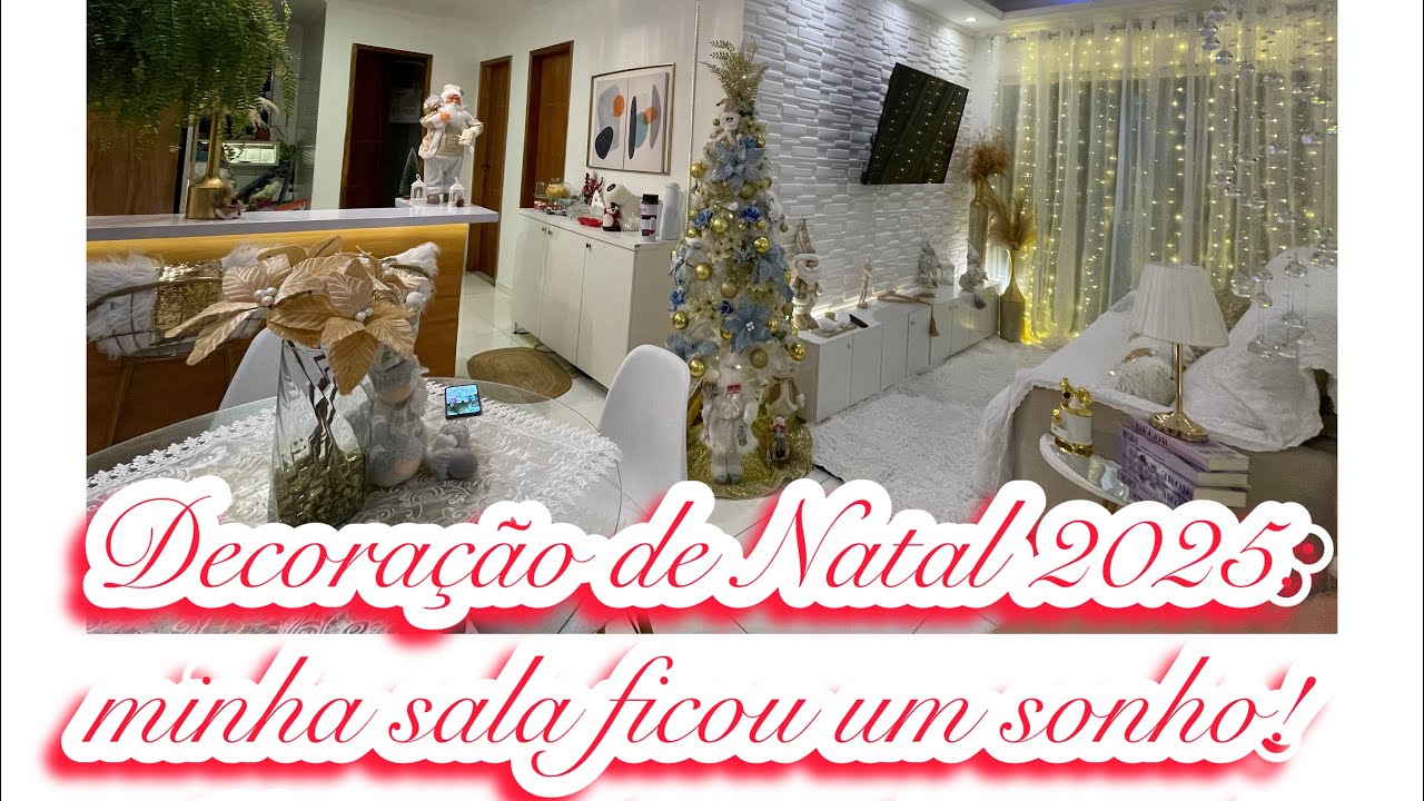 “Decoração de Natal 2025 💙 Sala branca, dourada e azul – inspiração de Natal