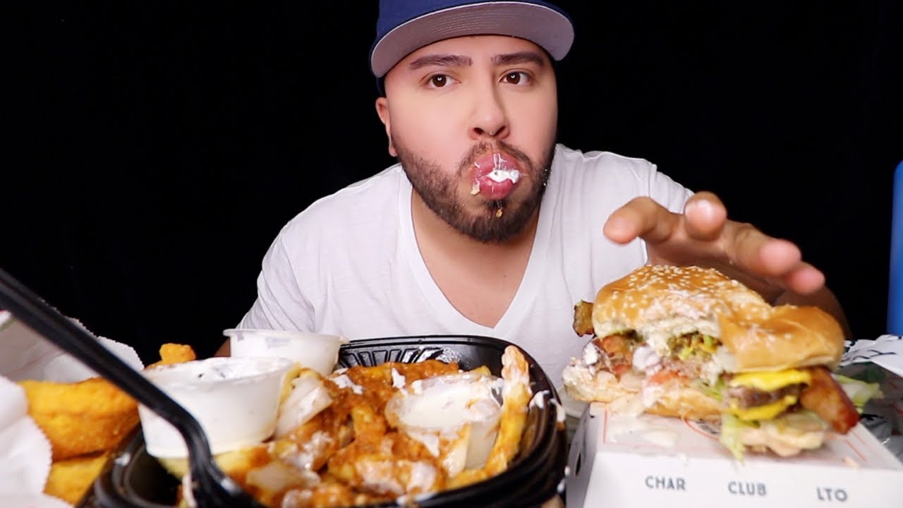 Onion Rings + Chili Cheese Fries + Bacon Burger MUKBANG