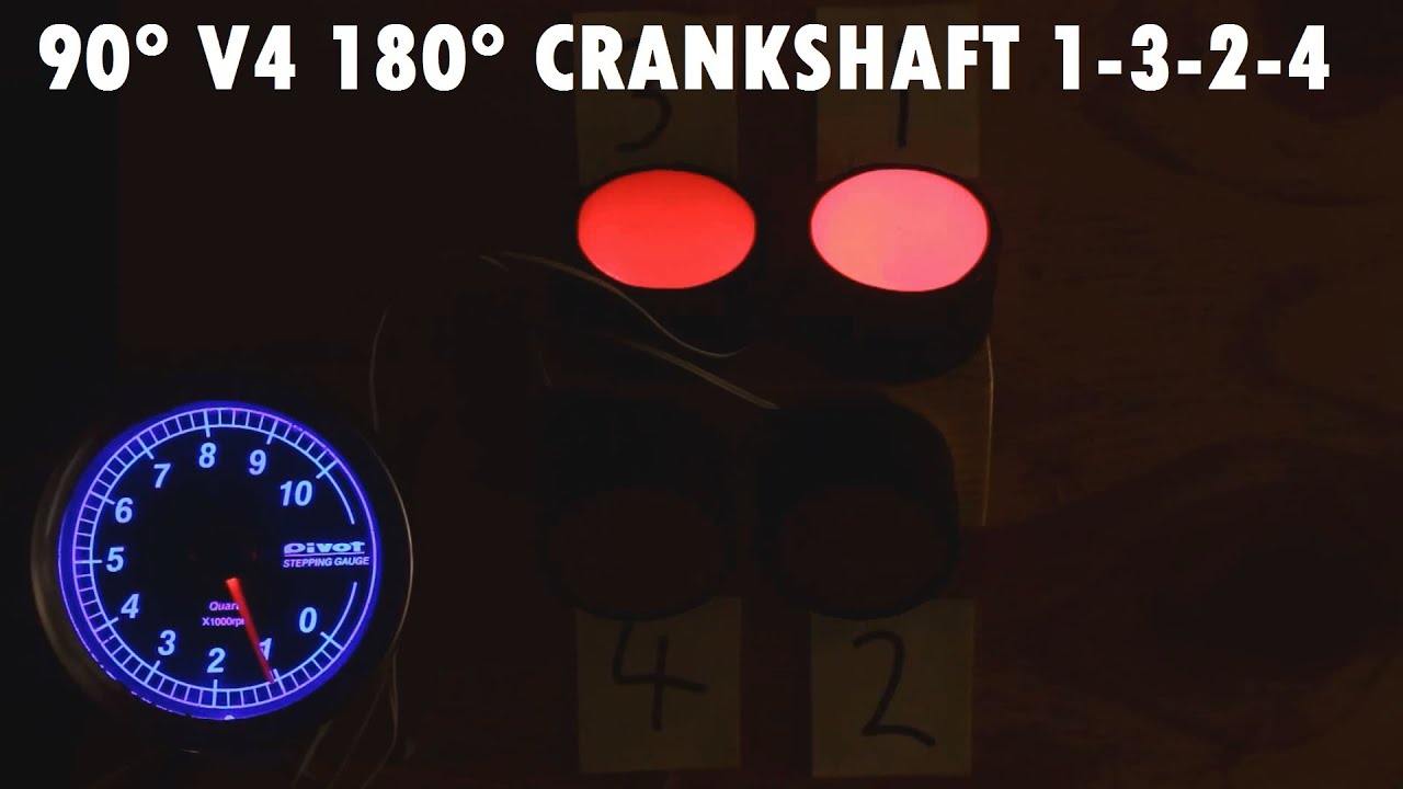 AudioVisual demonstration of 90 degree V4 180 degree crankshaft firing order 1 3 2 4