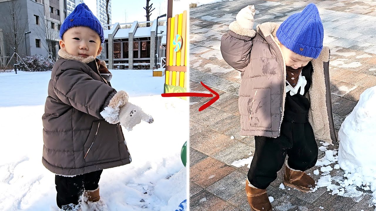 눈 와서 신났던 윤재가 눈사람을 때린 이유는?(생후 21개월)