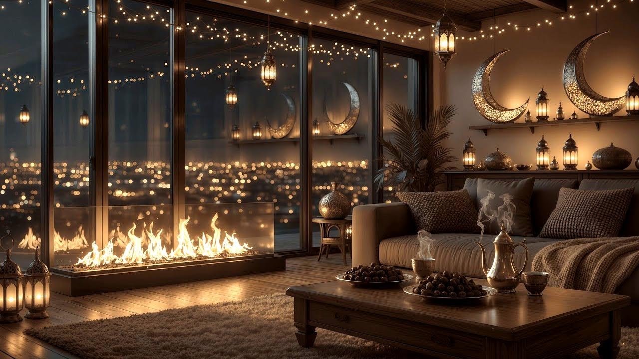 Ramadan Night Fireplace Ambience 🌙🔥 | Cozy Lantern Glow & Iftar Atmosphere (3 Hours)