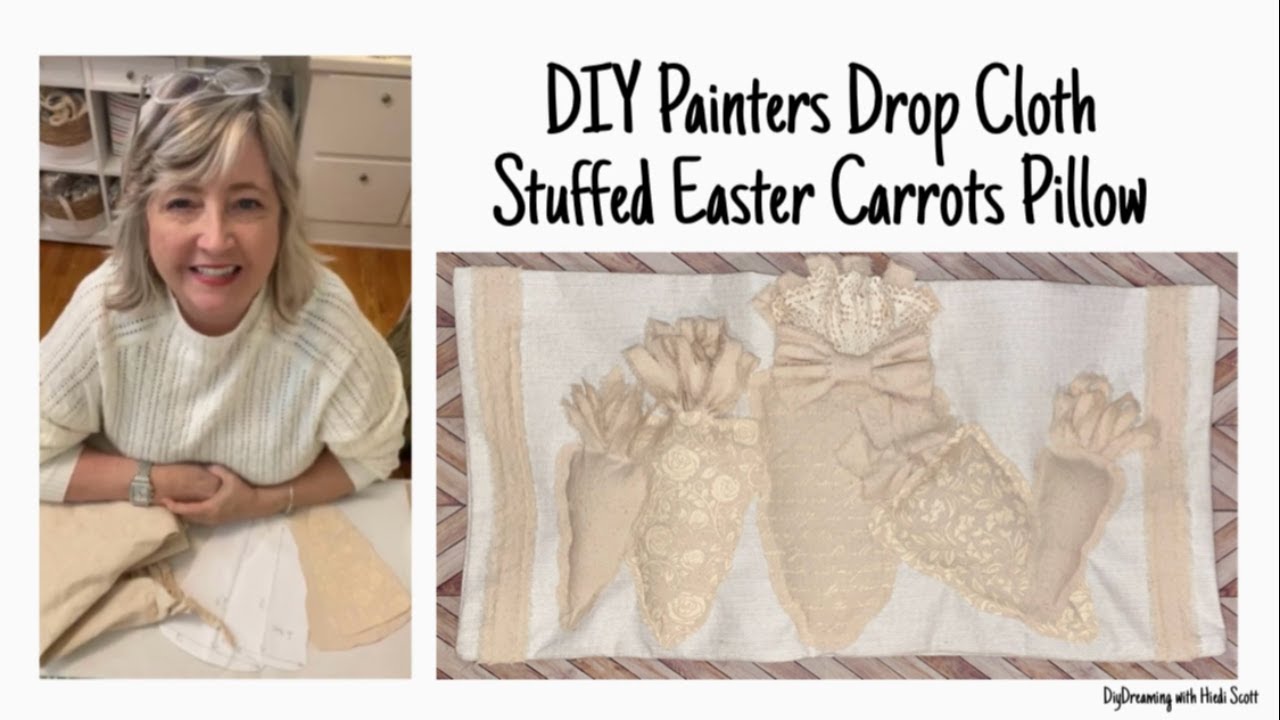 DIY Painters Drop Cloth Carrot Pillow for Easter with Doilies, Lace & Vintage Buttons