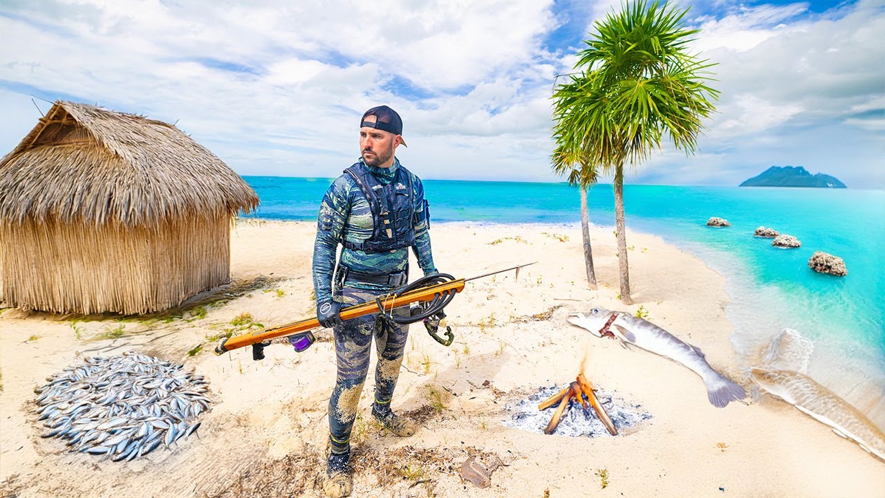 REMOTE Island Homemade SUSHI Spearfishing Challenge!! (HUGE SHARK)