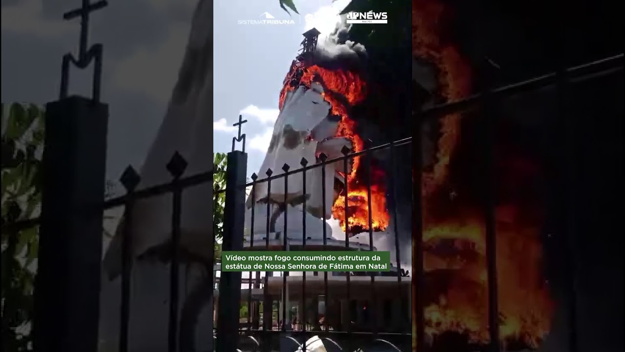 Vídeo mostra fogo consumindo estrutura da estátua de Nossa Senhora de Fátima em Natal