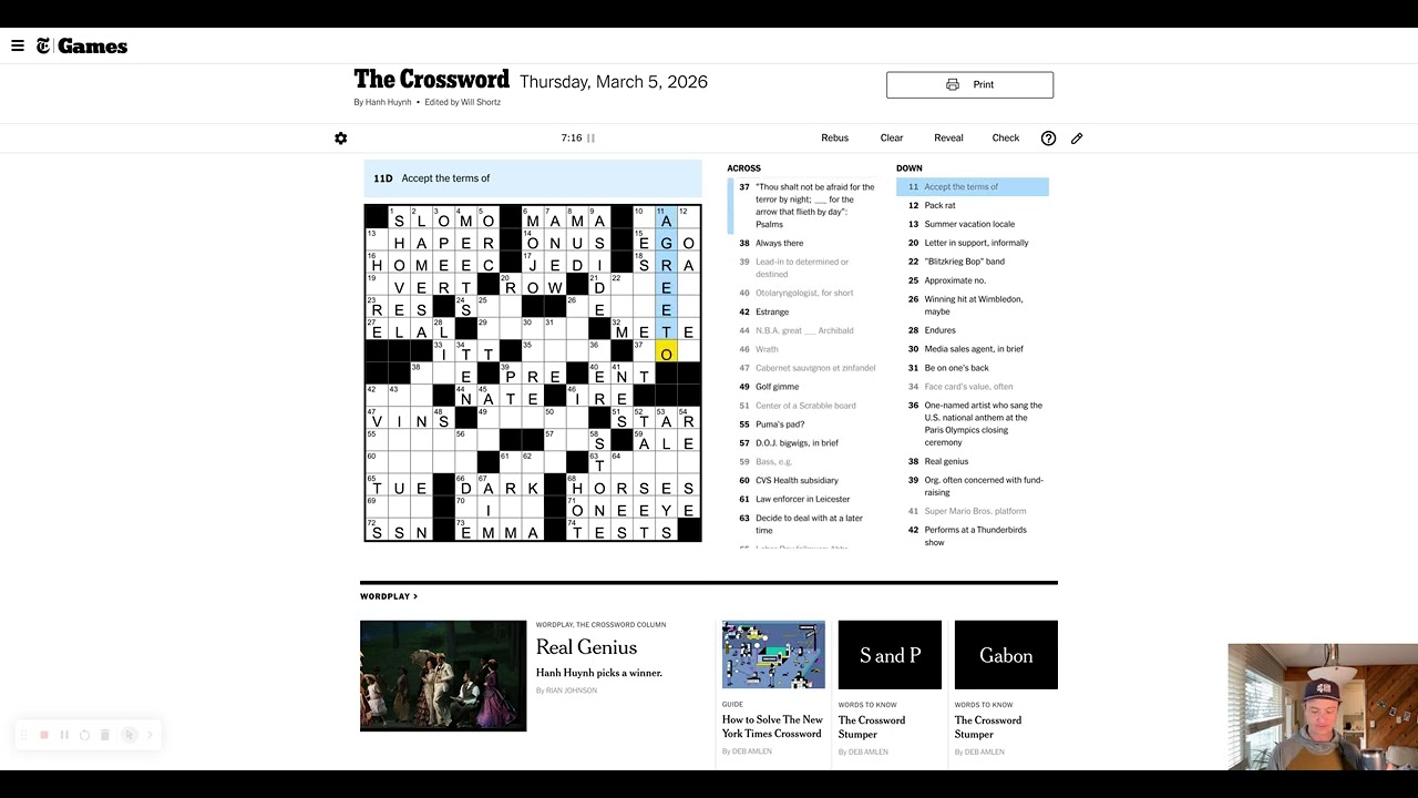 Thursday, March 5th - New York Times crossword puzzle solve