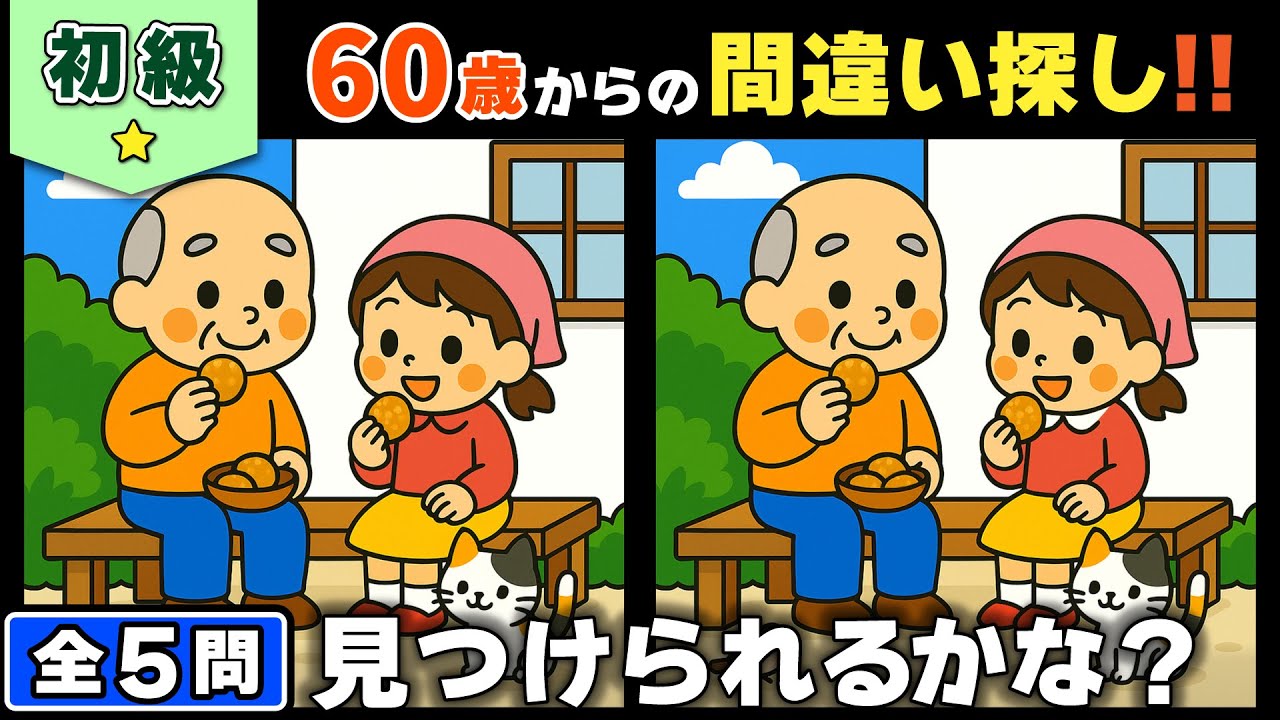 【脳トレ】間違い探し★初級編★全5問｜シニアにもおすすめ！ゆっくり楽しむ脳活タイム #148