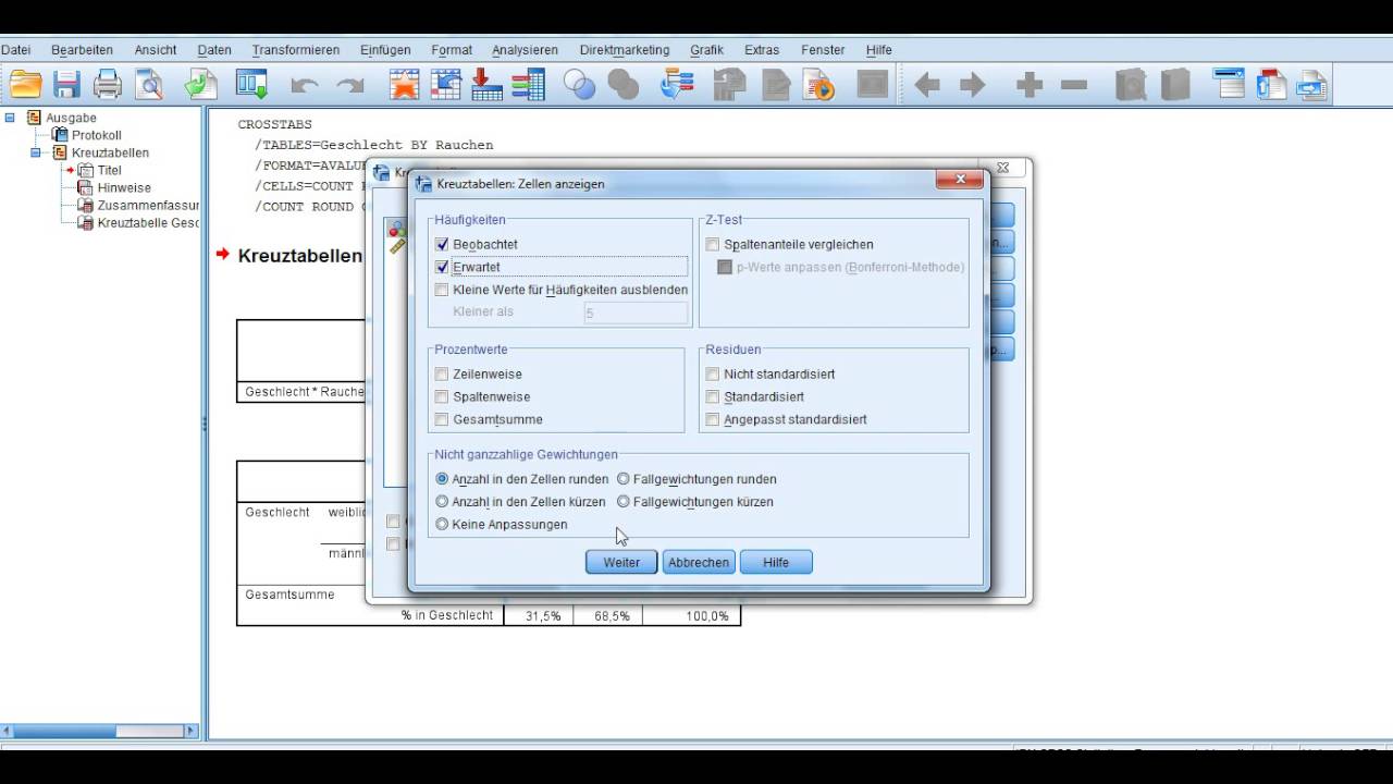 Kreuztabellen und Chi Quadrat Test auf Unabh&auml;ngigkeit mit SPSS