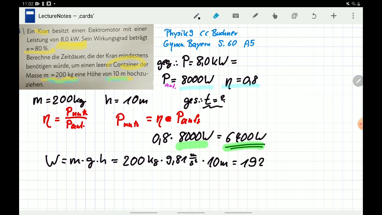 Physik 9 (A5) Eine Aufgabe zum Wirkungsgrad und zur Leistung