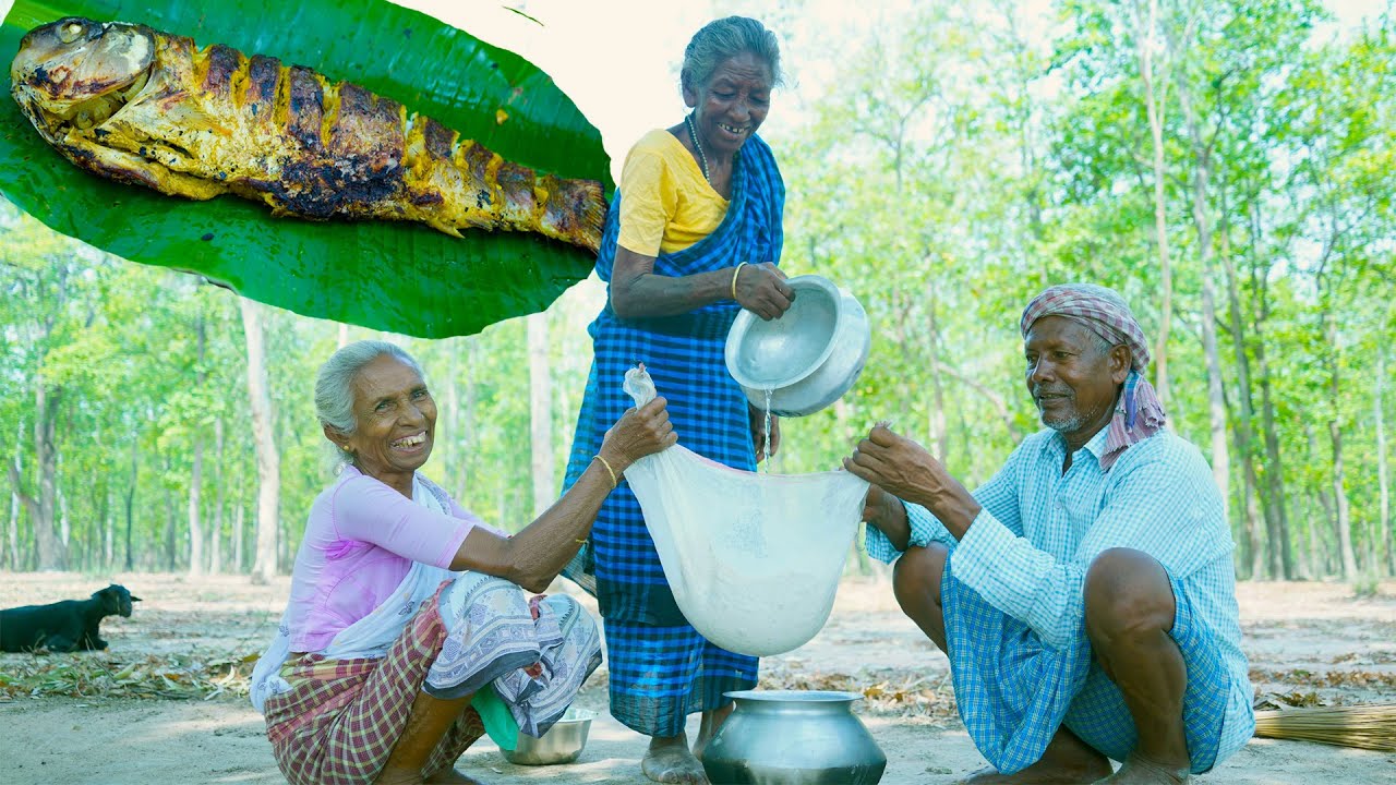 Ruhi fish recipe and rice handi cooking by tribe grandmothers | cooking rohu fish recipe in village