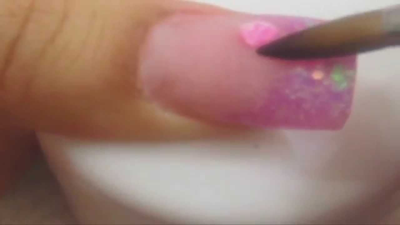 My 3d acrylic nail tutorial pink purple glitter tips spring flowers AB swarovski crystals
