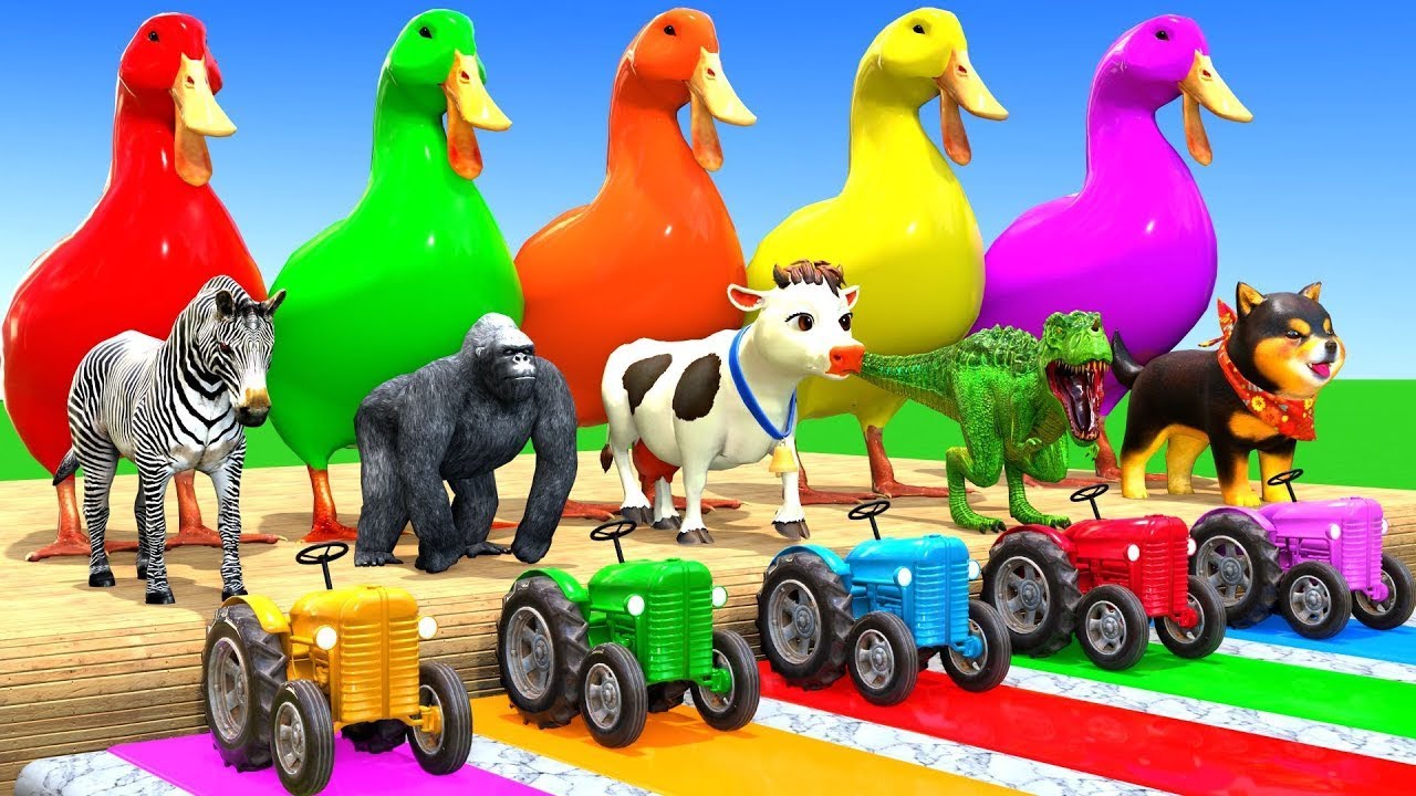 Long Slide Game With Cow Elephant Gorilla Hippopotamus Tiger - 3d Animal Game - Funny 3d Animals