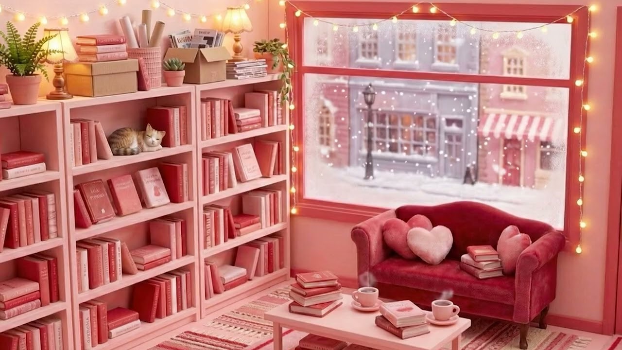 Snowy Pink Bookstore Screensaver | Cozy Valentine Study Ambience | 3 Hours