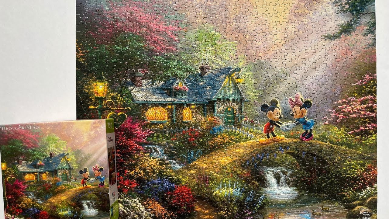 Mickey & Minnie Sweetheart Bridge | 750 Piece Jigsaw Puzzle | Ceaco | Thomas Kinkade Disney
