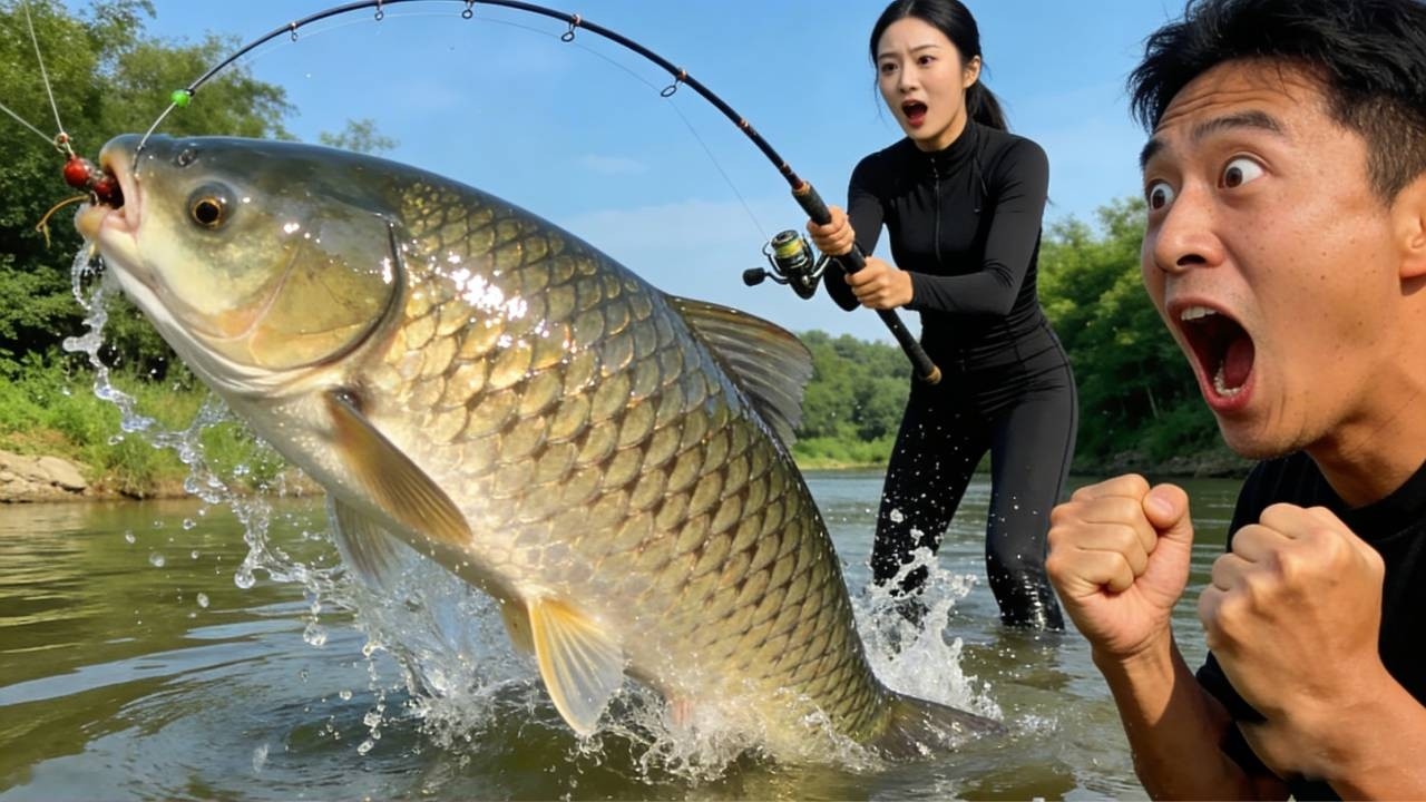 好心大爺讓美女免費釣魚，釣起一條超大的鰱鳙，比狗還大，超驚喜 #釣魚 #fishing #drama #funny