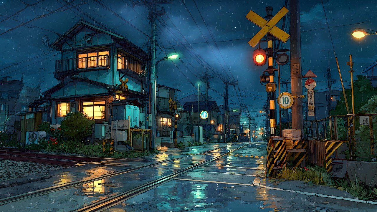 Tokyo After Midnight 🌙 Soft Rain at the Quiet Tokyo Train Crossing for Sleep and Relaxation