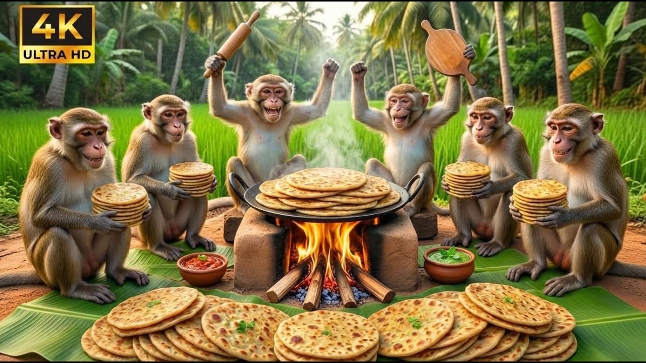 Monkeys Cook Aloo Paratha on a Clay Stove 🐒🔥 | Cinematic Village Cooking Story