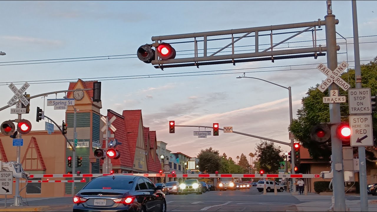 Two MTS Orange Line Trolleys Go Through Downtown La Mesa (Spring St & La Mesa Blvd)