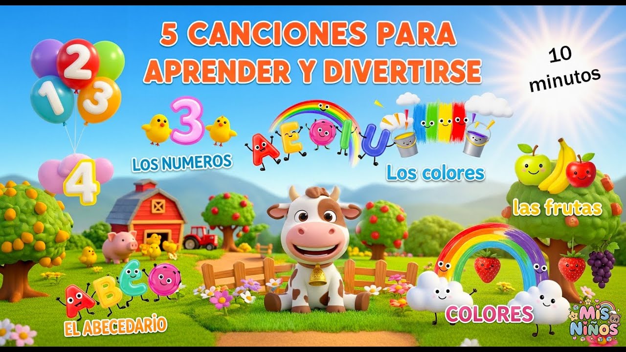 🎶 Aprende Jugando con 5 Canciones Infantiles 🌈 Números, Vocales, Colores, Frutas y la Granja Diver