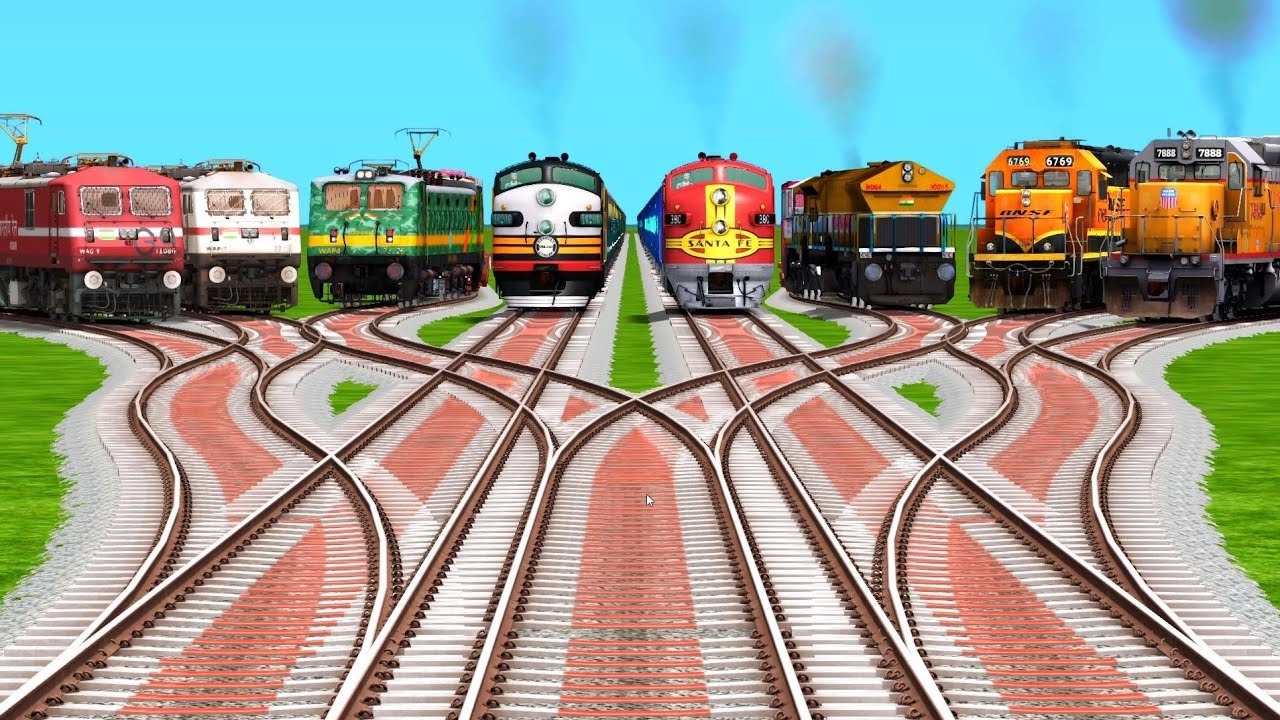8 Locomotives🚆Train Crossing On Cuverd Branched Forked Tracks | train gameplay | train simulator 