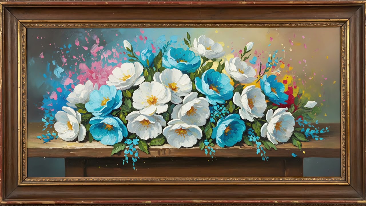 Blue & White Floral Painting | Gold Frame TV Art | Vintage Flower Art Screensaver for TV | 1 Scene