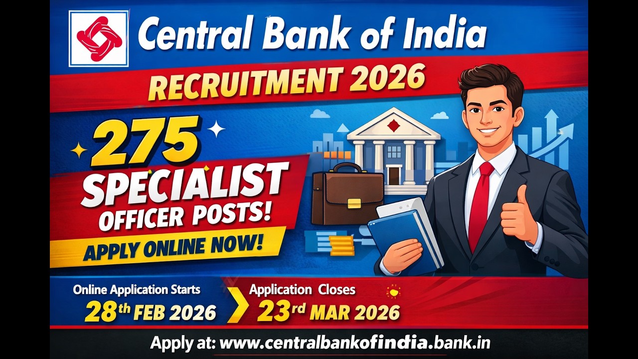 Central Bank of India Specialist Officers Recruitment 26-Apply Online for 275 Posts, #govtjobs #job