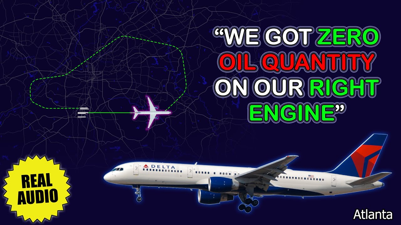 Zero oil quantity on the right engine. Delta Boeing 757 returns to Atlanta. Real ATC