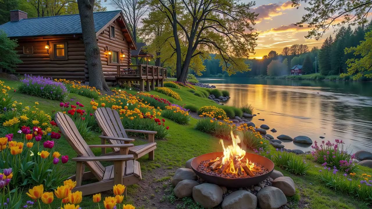 Golden Sunset & Campfire by the River 🌿 Soothing Ambience and Relaxing Piano for Sleep & Study