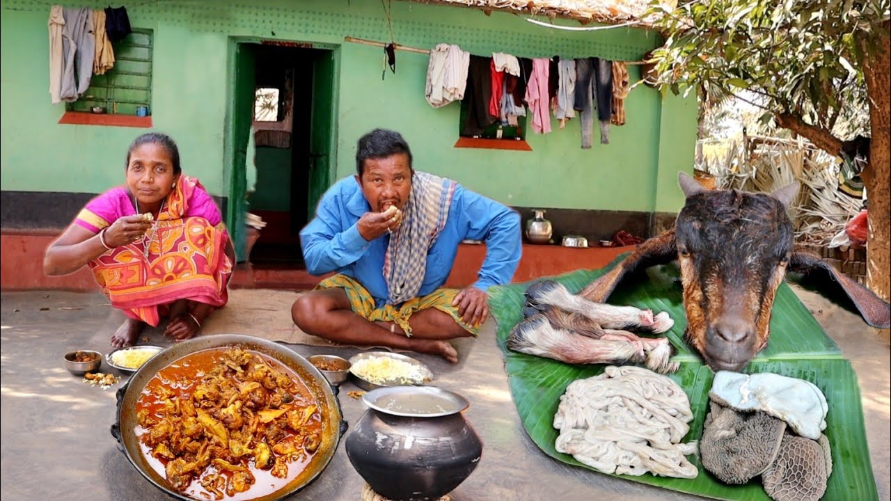 how a santali women clean GOAT SPARE PARTS and cooking masala gravy recipe in tribal style