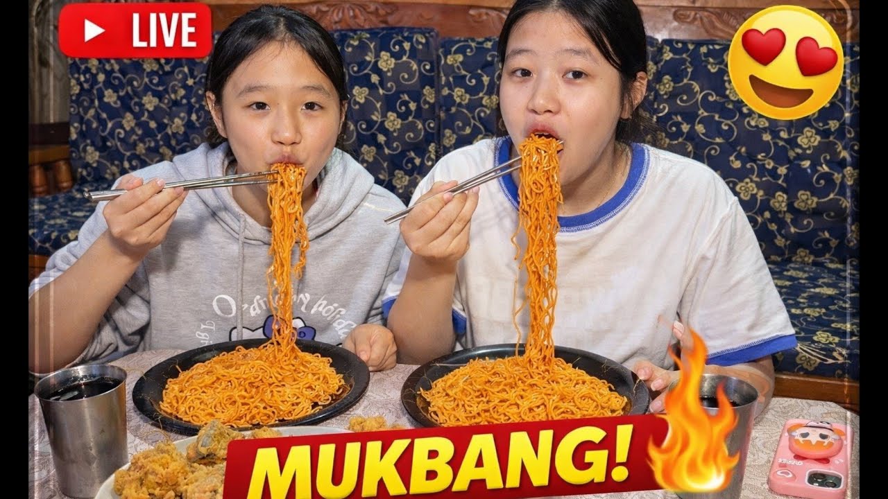 My sisters doing their first-ever mukbang on my channel 🍜🍗🥚