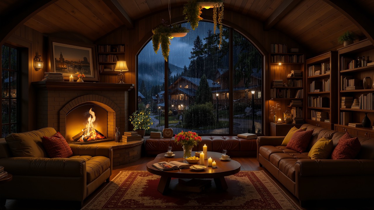 Soft Jazz on a Rainy Night ☕ Cozy Cabin Fireplace by the Window