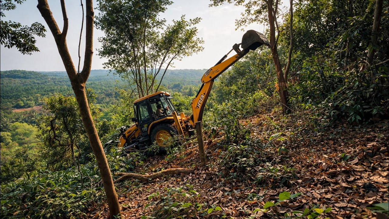 🚜 JCB Powerful JCB working in forest tree cleaning machine 