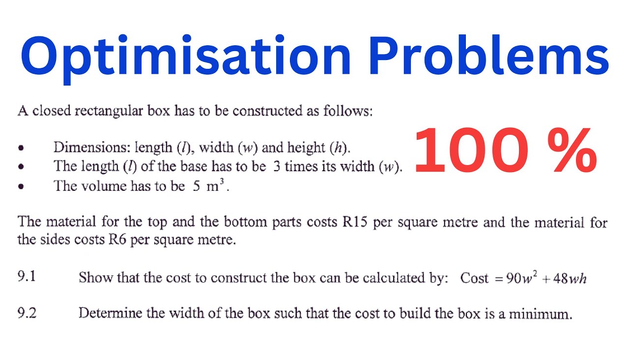 Calculus Grade 12 Optimisation Problems Grade 12 November 2020 Past Exam Answers [P1 Q9 DBE]