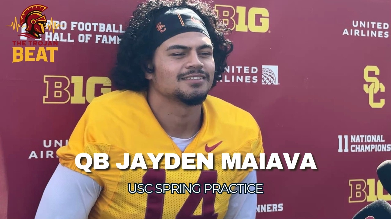 QB Jayden Maiava talks to the media after the first spring practice!