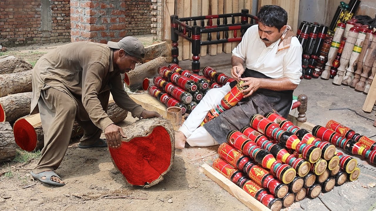 Wooden Furniture Manufacturing Process In Old Factory | Red Wood Turning Skills
