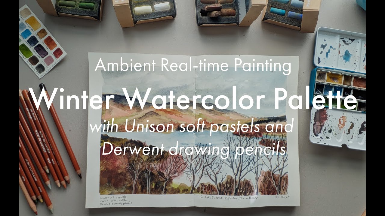 Ambient real-time painting: Winter watercolor palette, Unison soft pastels, Derwent drawing pencils