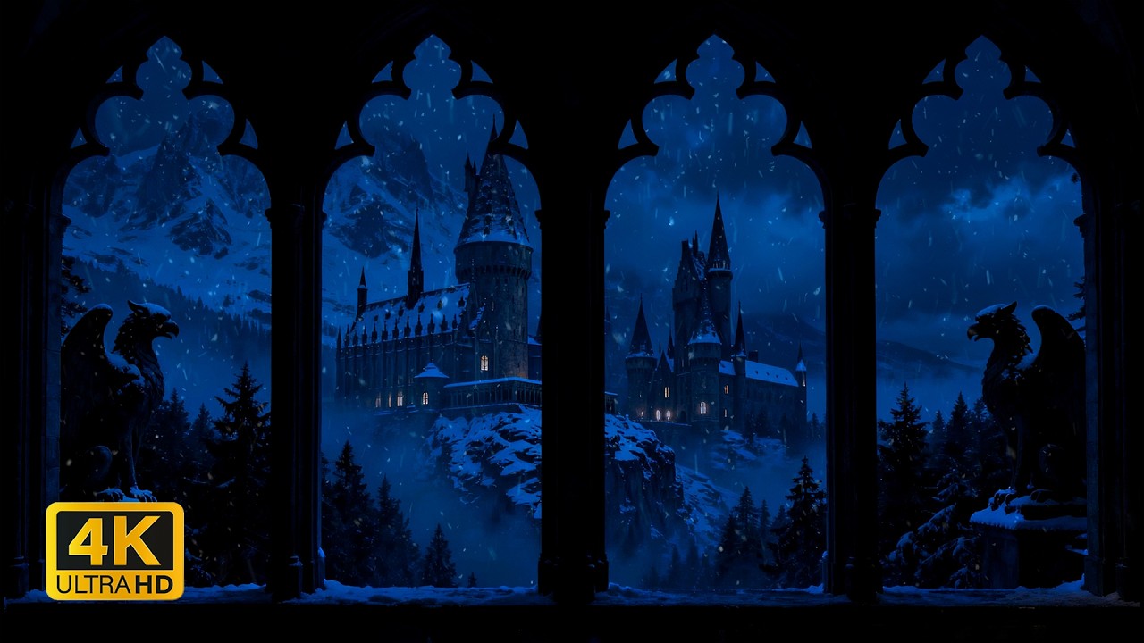 24/7 Hogwarts Winter Window View 4K ❄️🏰 Snowfall, Wind Sounds & Harry Potter Ambience for Sleep
