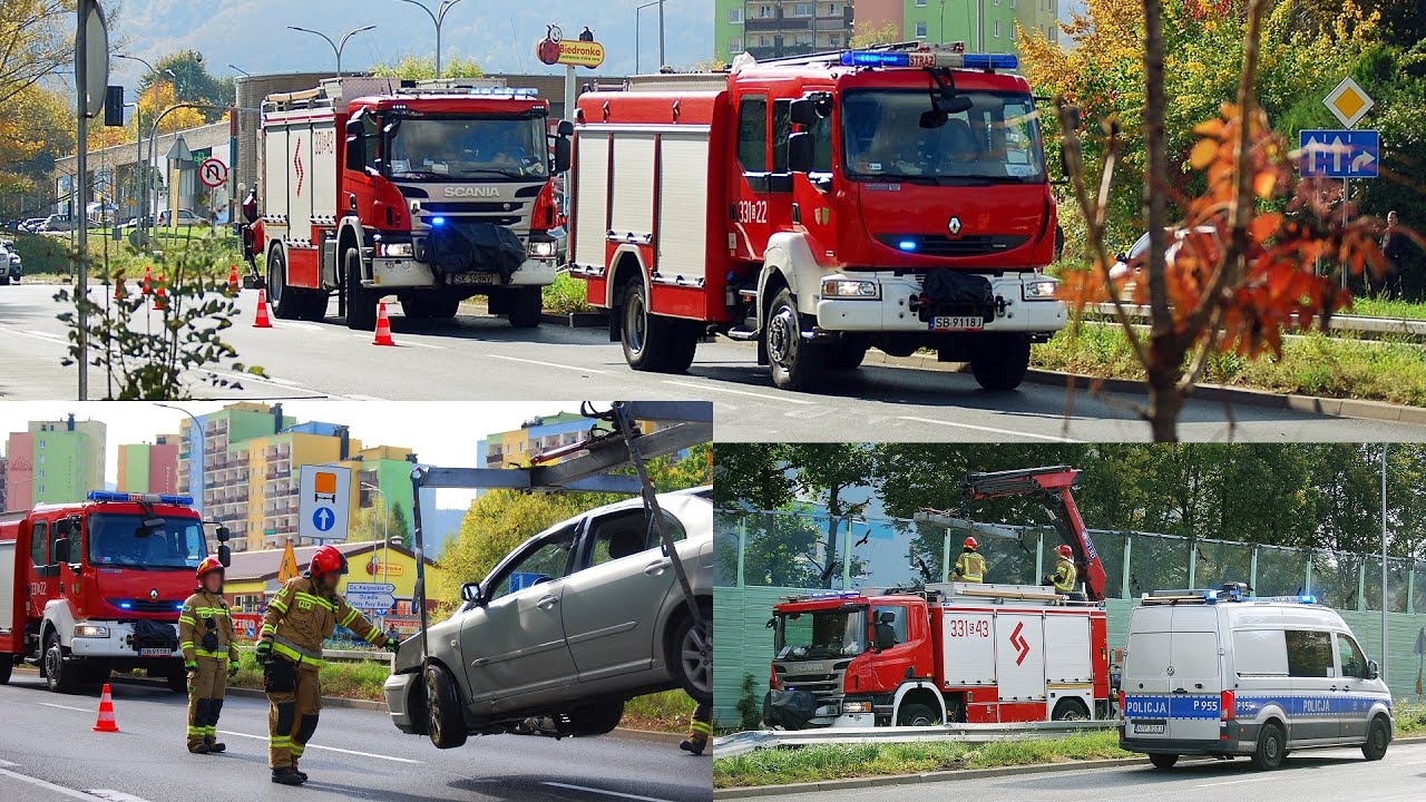 [Dachowanie na Andersa] [Wyciąganie rozbitego pojazdu HDS-em] Działania zastępów JRG 1 Bielsko-Biała