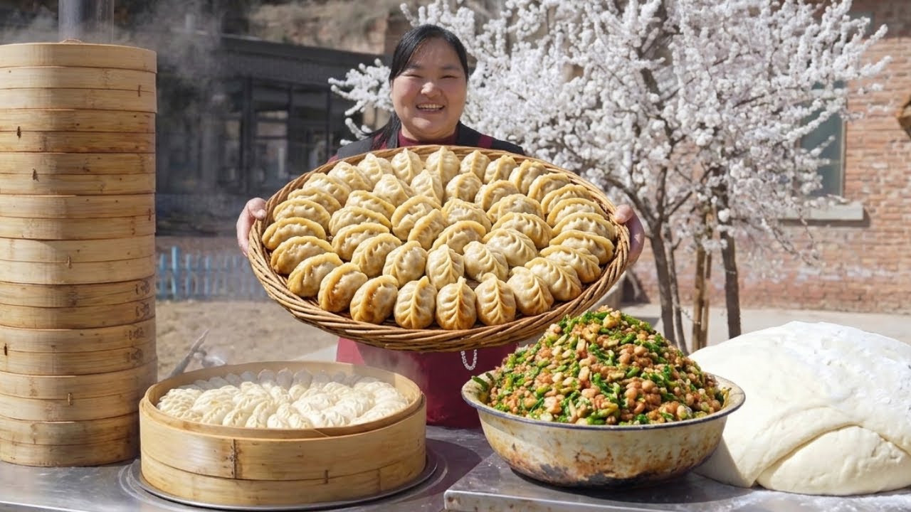 【陕北霞姐】霞姐带儿子上山挖小蒜，回家洗净蒸肉包子，蓬松暄软好吃极了！