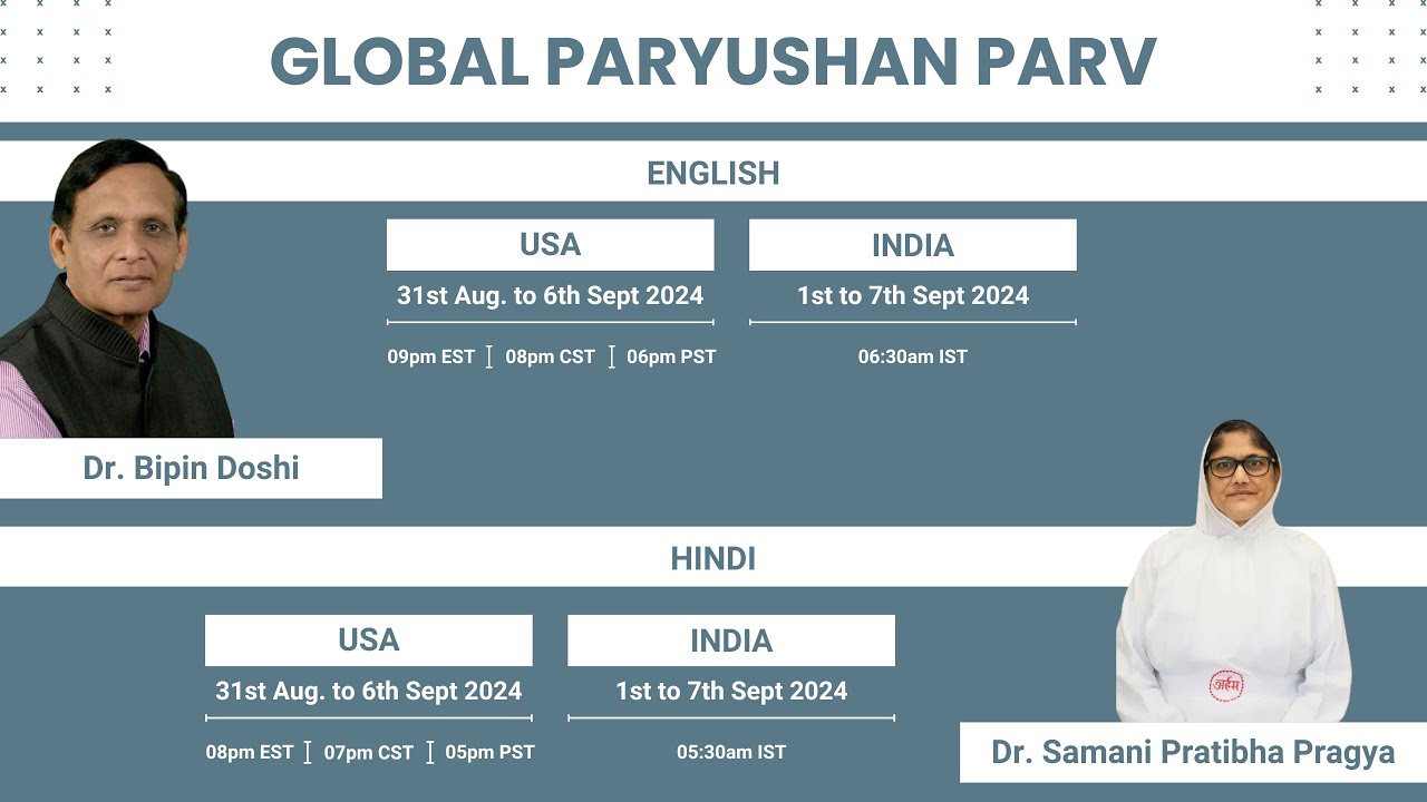 Global Paryushan - Day 3 - For Hindi - Dr. Samani Pratibha Pragya - For English - Dr Bipin Doshi